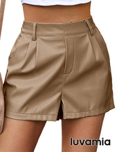 luvamia Faux Leather Shorts for Women High Waist Pleated Wide Leg Stretchy Shorts with Pockets Short PU Leather Pants