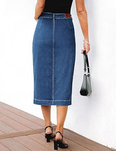 LUVAMIA Women's Skirts High Waisted Below Knee Split Hem Denim Bodycon Midi