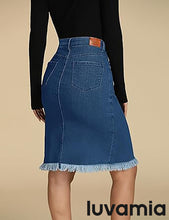 luvamia Women's Casual Mid Rise Button Down Frayed Raw Hem Fit Denim Jean Skirt
