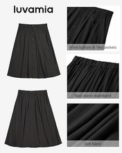 luvamia Linen Skirts for Women Midi Pleated Elastic High Waisted Casual Button Down A Line Flowy Summer Skirt with Pockets