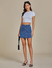 LUVAMIA Women's Denim Bodycon High Waist Button Front Pull-On Mini Skirt