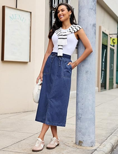 luvamia FleXclusive Jean Skirts for Women High Waisted Midi Denim Drawstring Elastic Waist Long Skirt with Pockets Front Slit