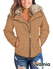 luvamia Women Casual Warm Winter Faux Fur Quilted Parka Lapel Zip Jacket Puffer Coat