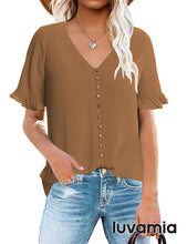 luvamia Women's Casual V Neck Tops Ruffle Short Sleeve Blouses Button Down Shirts