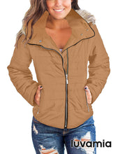 luvamia Women Casual Warm Winter Faux Fur Quilted Parka Lapel Zip Jacket Puffer Coat