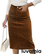 LUVAMIA 2025 Fall Winter Women's Corduroy Midi Skirt - High Waist Elastic Waistband Comfort Casual Solid Color Skirt