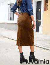 LUVAMIA 2025 Fall Winter Women's Corduroy Midi Skirt - High Waist Elastic Waistband Comfort Casual Solid Color Skirt