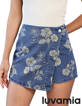 luvamia FleXclusive Denim Skorts for Woman Trendy Floral Print Faux Wrap Stretchy High Waisted Elasitc Waist Jean Shorts Skirt Skort
