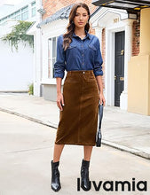 LUVAMIA 2025 Fall Winter Women's Corduroy Midi Skirt - High Waist Elastic Waistband Comfort Casual Solid Color Skirt
