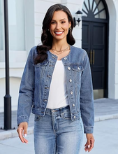 luvamia FleXclusive Women's Button Down Long Sleeves Crew Neck Denim Jacket