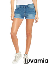 luvamia Women's Ripped Denim Jean Shorts Mid Rise Stretchy Folded Hem Short Jeans
