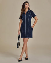 LUVAMIA Women's Short Sleeve Slim Tight Shirt-Neck Symmetrical Simple Versatile Denim Dress