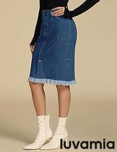 luvamia Women's Casual Mid Rise Button Down Frayed Raw Hem Fit Denim Jean Skirt