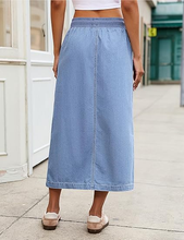 luvamia FleXclusive Jean Skirts for Women High Waisted Midi Denim Drawstring Elastic Waist Long Skirt with Pockets Front Slit