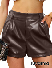luvamia Faux Leather Shorts for Women High Waist Pleated Wide Leg Stretchy Shorts with Pockets Short PU Leather Pants