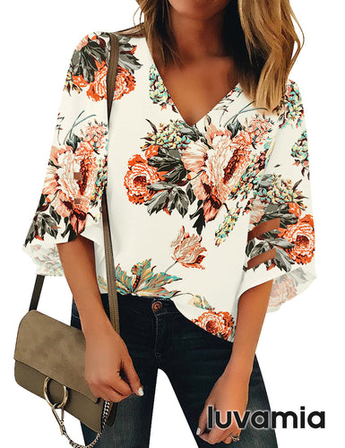luvamia Women's Casual V Neck Blouse 3/4 Bell Sleeve Mesh Panel Shirts Loose Top