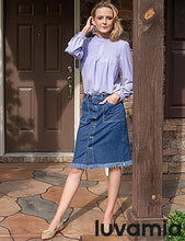 luvamia Women's Casual Mid Rise Button Down Frayed Raw Hem Fit Denim Jean Skirt