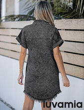 luvamia Denim Dress for Women Button Down Short Sleeves Casual Summer Jean Shirt Dresses with Pockets Frayed Hem