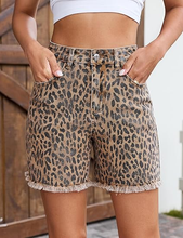 luvamia FleXclusive Jean Shorts for Women Trendy High Rise Mid Thigh Cheetah Leopard Print Raw Hem Stretch Denim Casual Summer Jorts