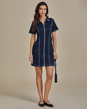 LUVAMIA Women's Short Sleeve Slim Tight Shirt-Neck Symmetrical Simple Versatile Denim Dress