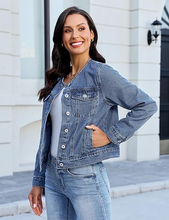 luvamia FleXclusive Women's Button Down Long Sleeves Crew Neck Denim Jacket