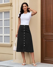 luvamia FleXclusive Jean Skirts for Women Trendy Midi Length A Line Western Casual Button Down Stretchy Denim Skirt with Pockets