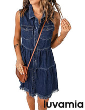 luvamia Women's Casual Summer Lapel Sleeveless Button Down Short Denim Jean Dress
