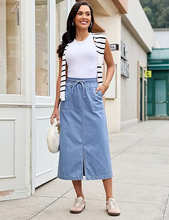 luvamia FleXclusive Jean Skirts for Women High Waisted Midi Denim Drawstring Elastic Waist Long Skirt with Pockets Front Slit