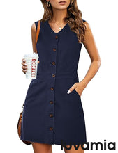 luvamia Women's Casual V Neck Sleeveless Jeans Button Down Denim Short Dress