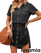 luvamia Women Casual Denim Dress Short Sleeve Tie Waist Classic Jean Shirt Dress