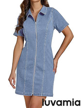 LUVAMIA Women's Short Sleeve Slim Tight Shirt-Neck Symmetrical Simple Versatile Denim Dress