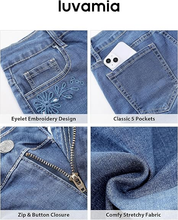 luvamia FleXclusive Jean Shorts for Women High Waisted Eyelet Embroidered Mid Thigh Wide Leg Stretchy Denim Shorts Summer Jorts
