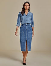 LUVAMIA Women's Skirts High Waisted Below Knee Split Hem Denim Bodycon Midi