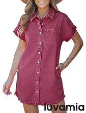 luvamia Denim Dress for Women Button Down Short Sleeves Casual Summer Jean Shirt Dresses with Pockets Frayed Hem