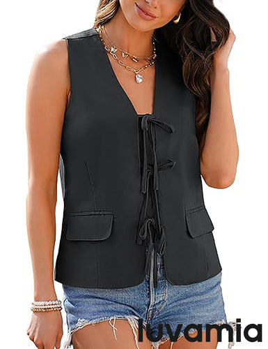 LUVAMIA Women's Sleeveless Distinctive Lightweight Loose Pocket Butterfly Drawstring Vest For Summer