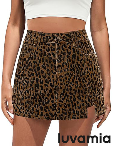 luvamia FleXclusive Skorts for Woman Leopard Cheetah Print Mini Skirt with Shorts High Waisted Trendy Cute Stretchy Side Slit Skort