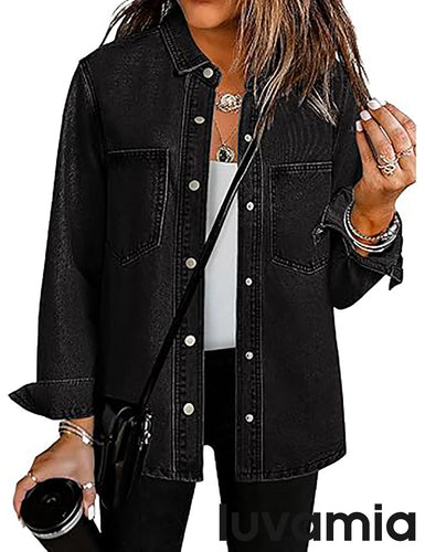 LUVAMIA Women's Relaxed Fit  Denim Slim Regular Pocket Jean Jacket Coat