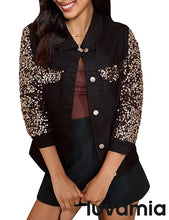 luvamia Sequin Jackets Women Jean Long Sleeves Trendy Sparkly Night Out Party Concert Stretchy Denim Jacket with Pockets