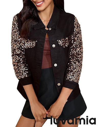 luvamia Sequin Jackets Women Jean Long Sleeves Trendy Sparkly Night Out Party Concert Stretchy Denim Jacket with Pockets