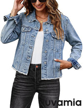 luvamia FleXclusive Denim Jacket for Women Distressed Jean Jackets Button Up Vintage Western Trucker Jacket Frayed Hem Pockets