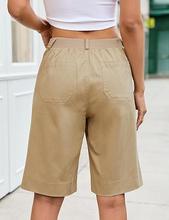 luvamia Bermuda Shorts for Women Knee Length High Waisted Dressy Casual Patch Pocket Chino Elastic Waist Long Shorts