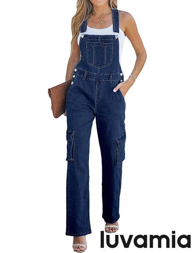 luvamia Cargo Jean Overalls for Women Wide Leg Bib Utility Stretchy Denim Jumpsuit