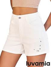 luvamia FleXclusive Jean Shorts for Women High Waisted Eyelet Embroidered Mid Thigh Wide Leg Stretchy Denim Shorts Summer Jorts