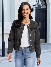 luvamia FleXclusive Women's Button Down Long Sleeves Crew Neck Denim Jacket