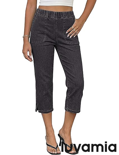 luvamia Womens Capri Jeans Pull On Jeans for Women Trendy Stretch Denim High Rise Elastic Waist Straight Leg Capri Pants