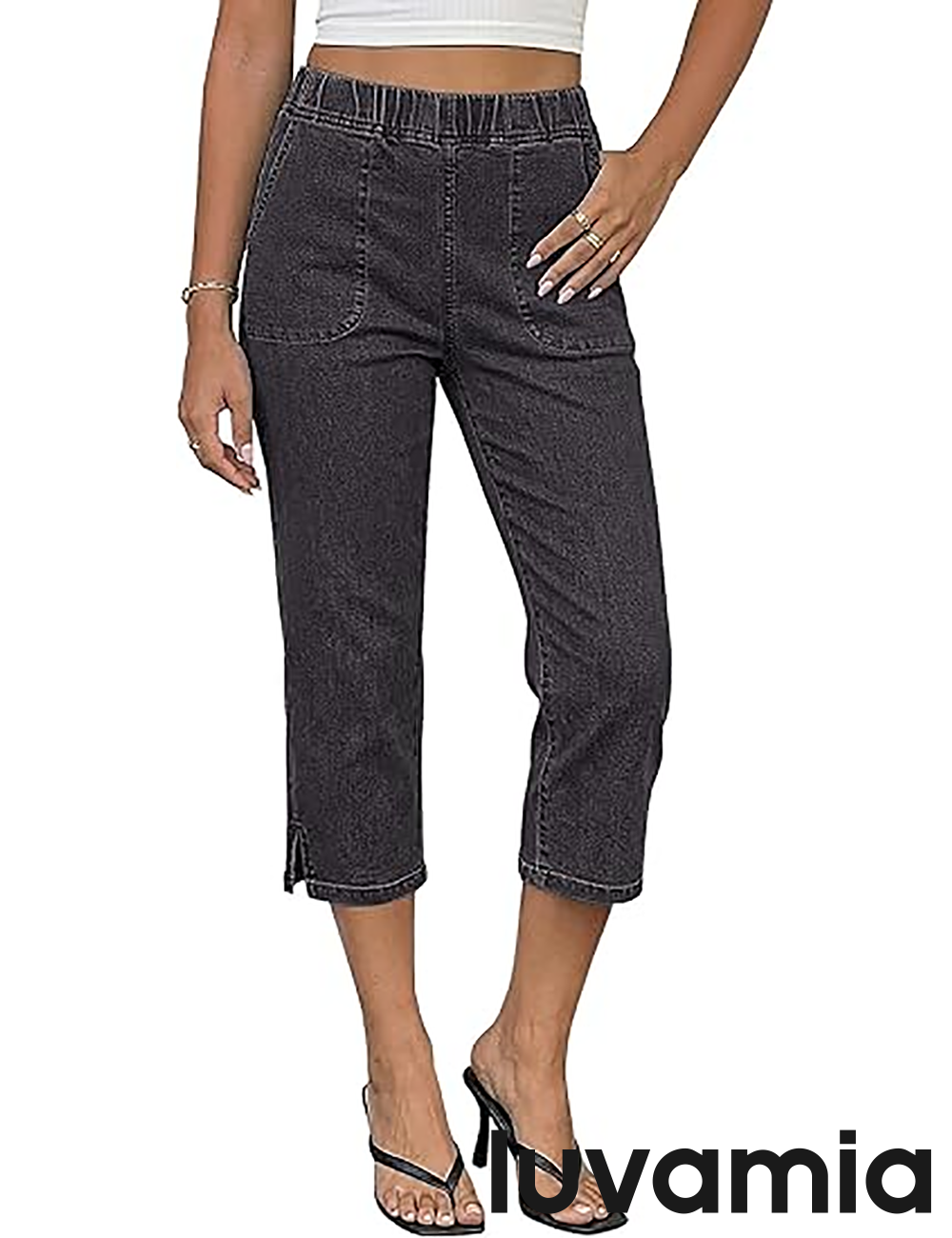 luvamia Womens Capri Jeans Pull On Jeans for Women Trendy Stretch Denim High Rise Elastic Waist Straight Leg Capri Pants
