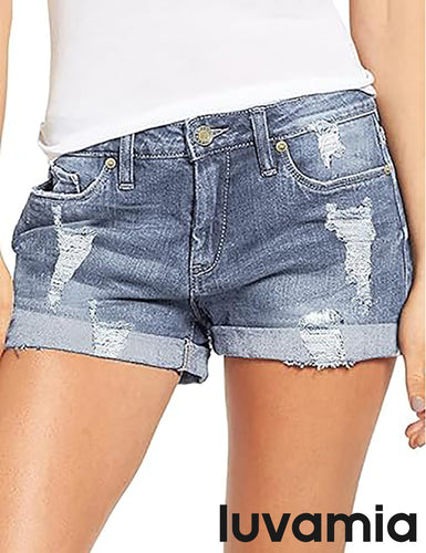 luvamia Women's Casual Ripped Denim Shorts Mid Rise Stretch Folded Hem Short Jeans