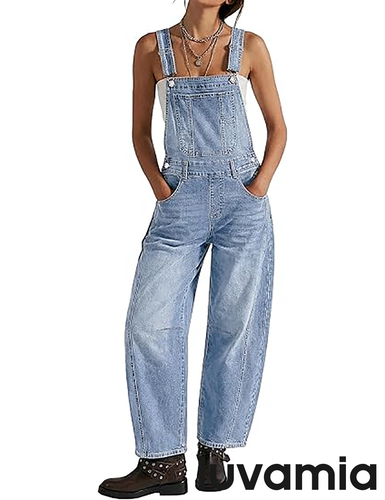 luvamia FleXclusive Denim Overalls for Women Barrel Leg Baggy Loose Fit Bib Stretchy Jean Jumpsuit Adjustable Strap Casual Overall