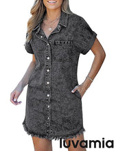 luvamia Denim Dress for Women Button Down Short Sleeves Casual Summer Jean Shirt Dresses with Pockets Frayed Hem
