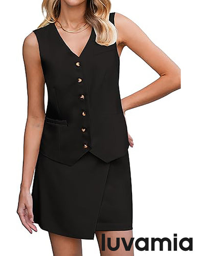 LUVAMIA Women's Business Vest Suit Set Sleeveless Blazer Skirt Outfit Workwear Matching